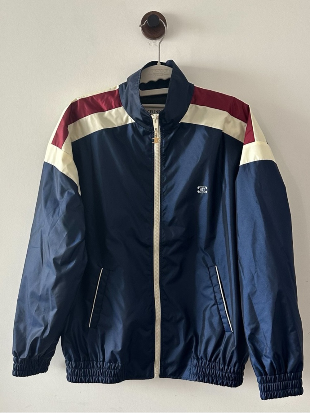 Celine Navy Windbreaker with Burgundy and Cream Panels